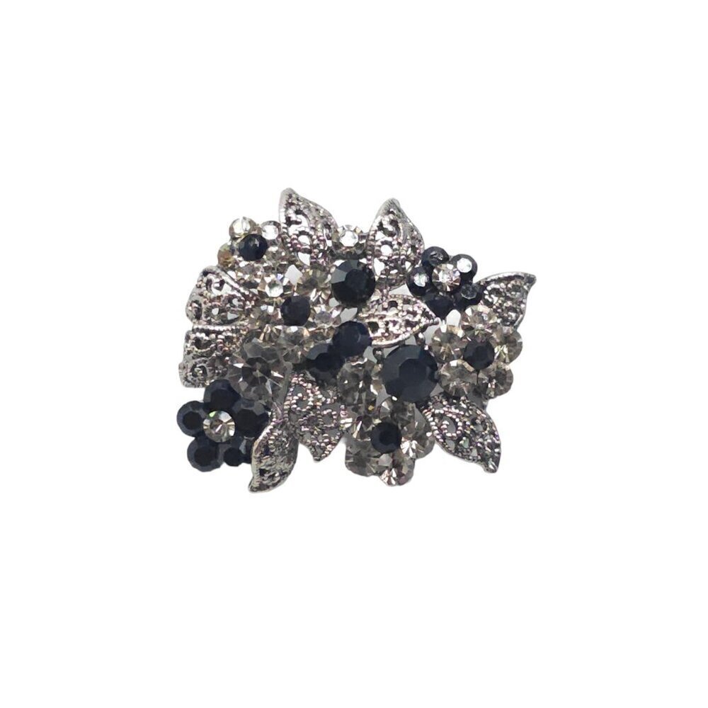 Black White Rhinestone Filigree Floral Brooch Pin Silver Tone Vintage